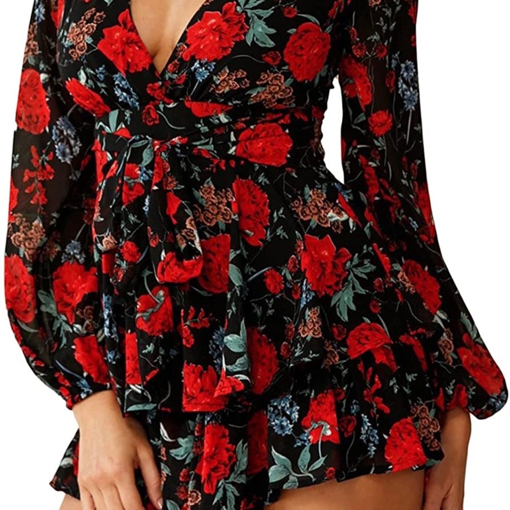 Women's Floral Print Deep V-Neck Romper Double Layer Ruffle Hem Jumpsuits Long